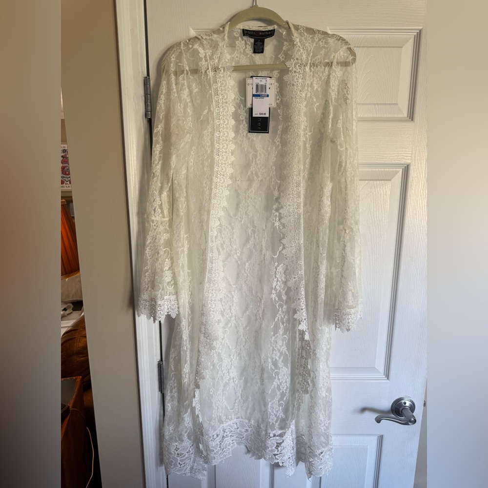 NWT Polly & Esther Ivory Lace Long Jacket/Cover Up, Juniors Size L, Versatile